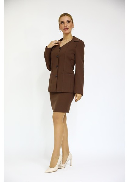 Erkek Yaka Yelek Ceket & Yırtmaçlı Düz Dar Etek-Kestane