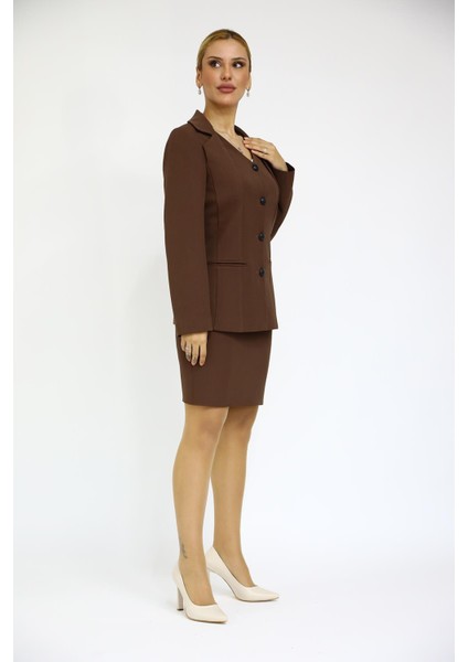 Erkek Yaka Yelek Ceket & Yırtmaçlı Düz Dar Etek-Kestane modelleri