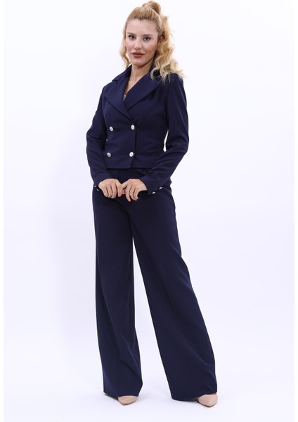Gömlek Yaka Kuruvaze Kısa Ceket & Korsaj Kemer Palazzo Pantolon-Lacivert indirimleri