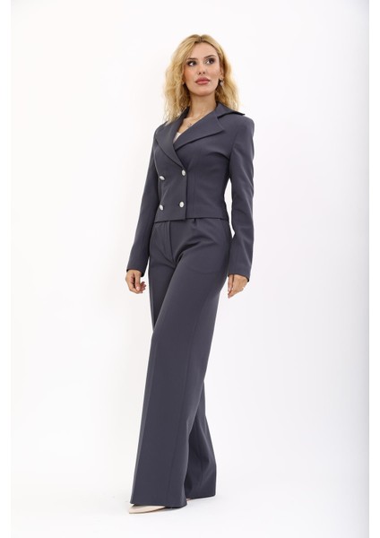 Gömlek Yaka Kuruvaze Kısa Ceket & Korsaj Kemer Palazzo Pantolon-Füme