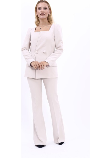 Kare Yaka Ceket & İspanyol Paça Pantolon-Bej