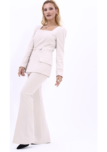 Kare Yaka Ceket & İspanyol Paça Pantolon-Bej modelleri