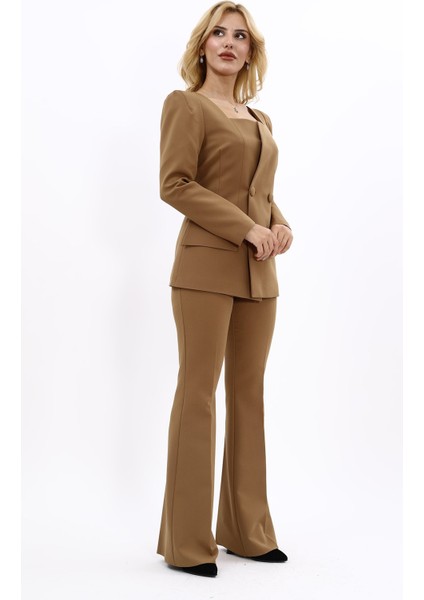 Kare Yaka Ceket & İspanyol Paça Pantolon-Camel