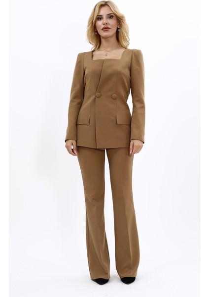 Kare Yaka Ceket & İspanyol Paça Pantolon-Camel modelleri