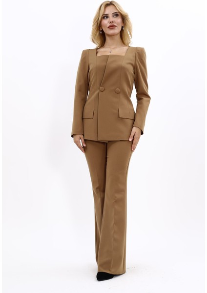 Kare Yaka Ceket & İspanyol Paça Pantolon-Camel fırsatları