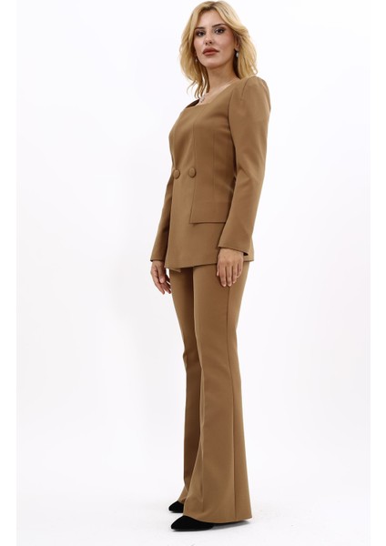 Kare Yaka Ceket & İspanyol Paça Pantolon-Camel indirimleri