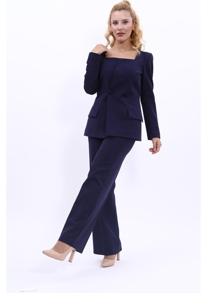 Kare Yaka Ceket & Bol Paça Pantolon-Lacivert