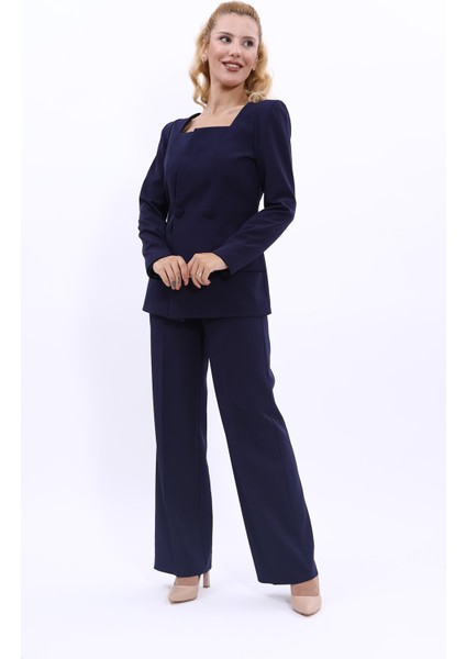 Kare Yaka Ceket & Bol Paça Pantolon-Lacivert indirimleri