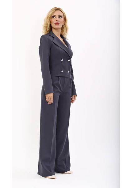 Gömlek Yaka Kuruvaze Kısa Ceket & Korsaj Kemer Palazzo Pantolon-Füme modelleri