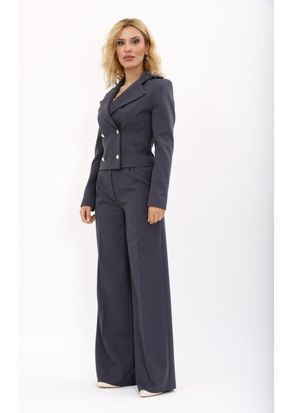 Gömlek Yaka Kuruvaze Kısa Ceket & Korsaj Kemer Palazzo Pantolon-Füme indirimleri