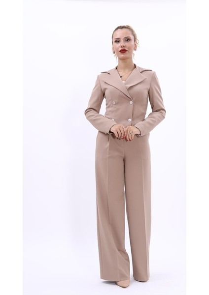 Gömlek Yaka Kuruvaze Kısa Ceket & Korsaj Kemer Palazzo Pantolon-Taş