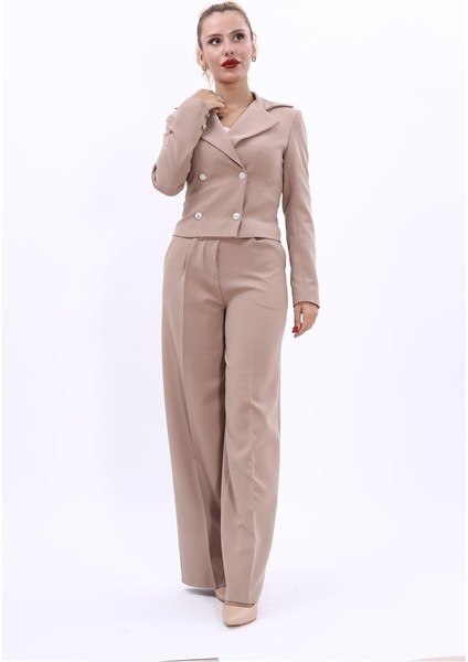 Gömlek Yaka Kuruvaze Kısa Ceket & Korsaj Kemer Palazzo Pantolon-Taş fiyatları