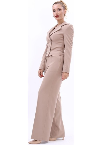 Gömlek Yaka Kuruvaze Kısa Ceket & Korsaj Kemer Palazzo Pantolon-Taş modelleri