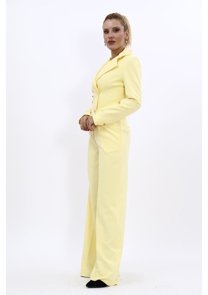 Gömlek Yaka Kuruvaze Kısa Ceket & Korsaj Kemer Palazzo Pantolon-Sarı fiyatları