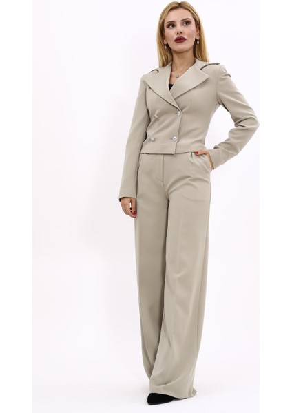 Gömlek Yaka Kuruvaze Kısa Ceket & Korsaj Kemer Palazzo Pantolon-Bambu