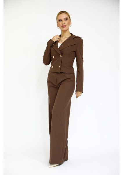 Gömlek Yaka Kuruvaze Kısa Ceket & Korsaj Kemer Palazzo Pantolon-Kestane