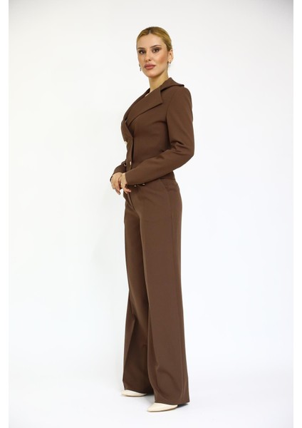 Gömlek Yaka Kuruvaze Kısa Ceket & Korsaj Kemer Palazzo Pantolon-Kestane fiyatları