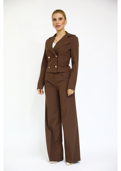 Gömlek Yaka Kuruvaze Kısa Ceket & Korsaj Kemer Palazzo Pantolon-Kestane indirimleri