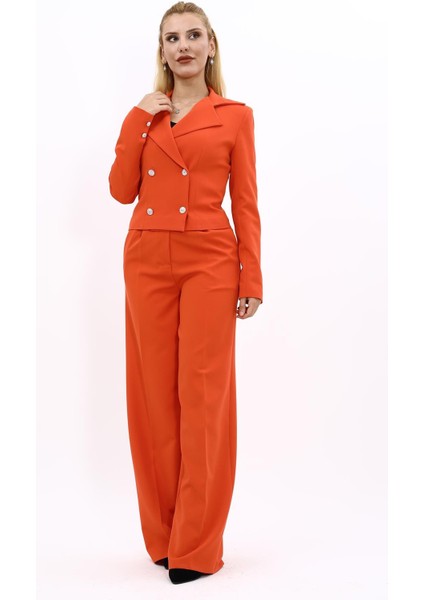 Gömlek Yaka Kuruvaze Kısa Ceket & Korsaj Kemer Palazzo Pantolon-Turuncu
