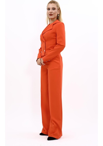 Gömlek Yaka Kuruvaze Kısa Ceket & Korsaj Kemer Palazzo Pantolon-Turuncu fiyatları