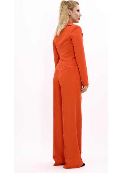 Gömlek Yaka Kuruvaze Kısa Ceket & Korsaj Kemer Palazzo Pantolon-Turuncu fırsatları