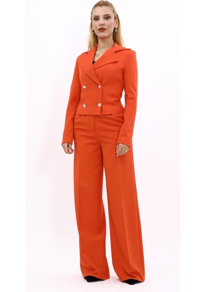 Gömlek Yaka Kuruvaze Kısa Ceket & Korsaj Kemer Palazzo Pantolon-Turuncu indirimleri
