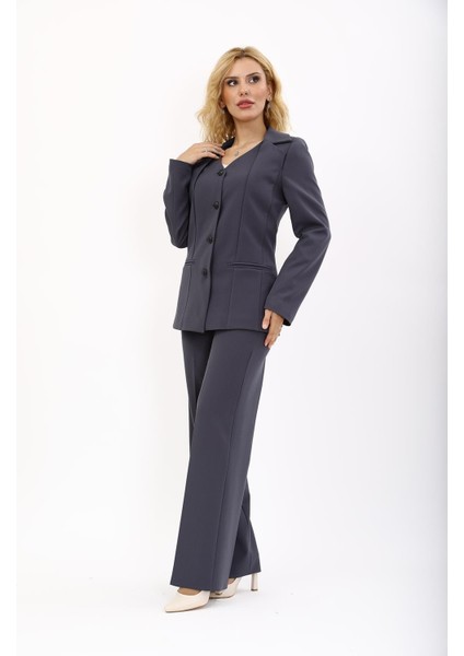 Erkek Yaka Yelek Ceket & Bol Paça Pantolon-Füme