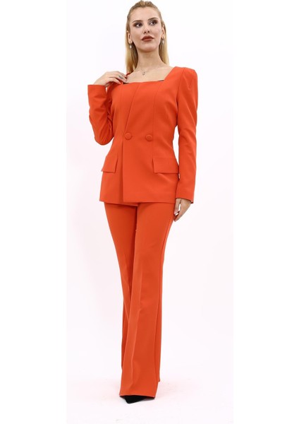 Kare Yaka Ceket & İspanyol Paça Pantolon-Turuncu