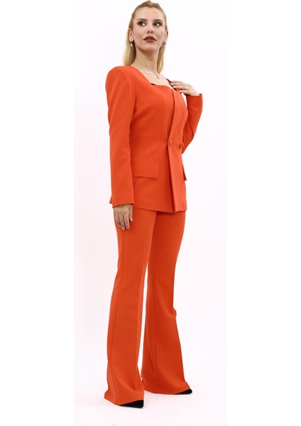 Kare Yaka Ceket & İspanyol Paça Pantolon-Turuncu modelleri