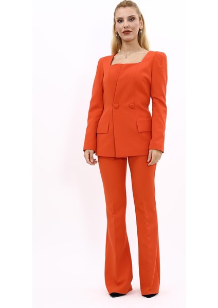 Kare Yaka Ceket & İspanyol Paça Pantolon-Turuncu indirimleri