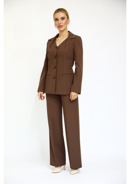 Erkek Yaka Yelek Ceket & Bol Paça Pantolon-Kestane