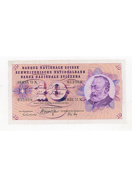 Isviçre Switzerland 10 Frank 1971 Ççt Banknot