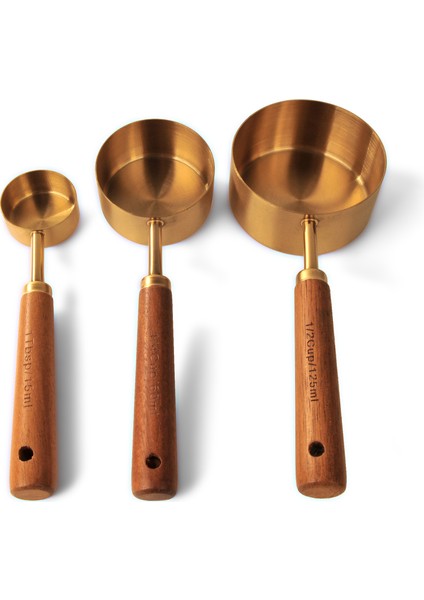 3'lü Ahşap Saplı Gold Çelik Ölçü Kaşığı 15ML, 60ML, 125ML