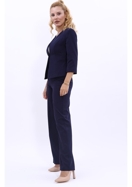 Oval Yaka Kısa Ceket & Bol Paça Pantolon Takım-Lacivert modelleri