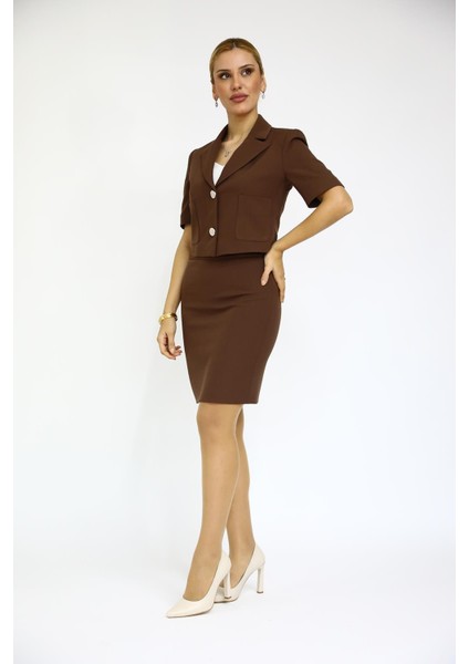 Kısa Kollu Yakalı Mini Ceket & Kısa Kalem Etek Takım-Kestane