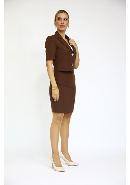 Kısa Kollu Yakalı Mini Ceket & Kısa Kalem Etek Takım-Kestane modelleri