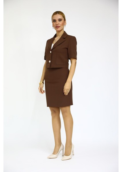 Kısa Kollu Yakalı Mini Ceket & Kısa Kalem Etek Takım-Kestane indirimleri