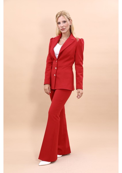 Midi Boy Drape Kol Ceket & Ispanyol Paça Pantolon Takım-Kırmızı