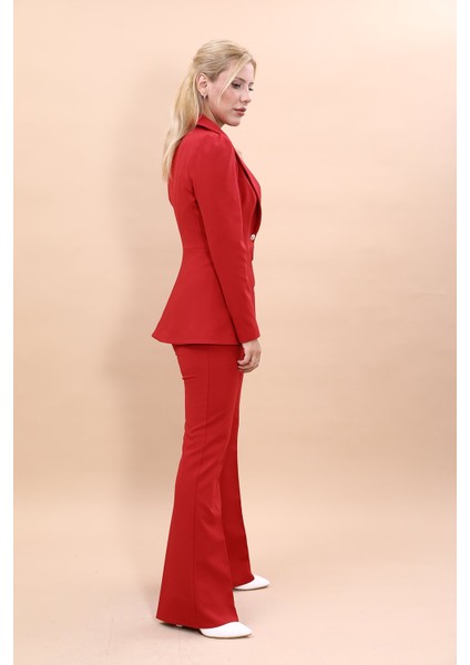 Midi Boy Drape Kol Ceket & Ispanyol Paça Pantolon Takım-Kırmızı modelleri