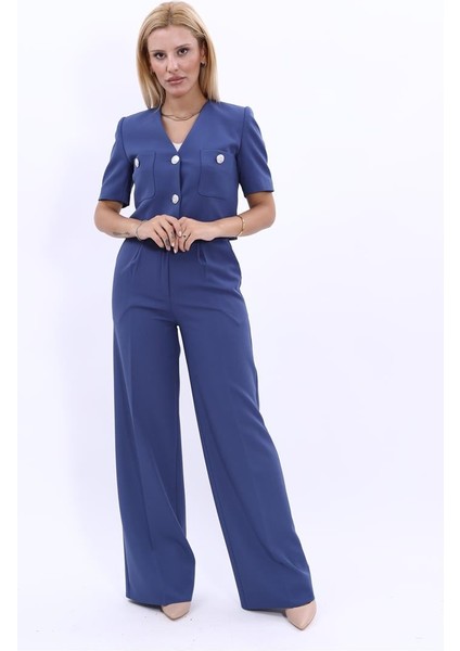 V Yaka Kısa Ceket & Korsaj Kemer Palazzo Pantolon-İndigo