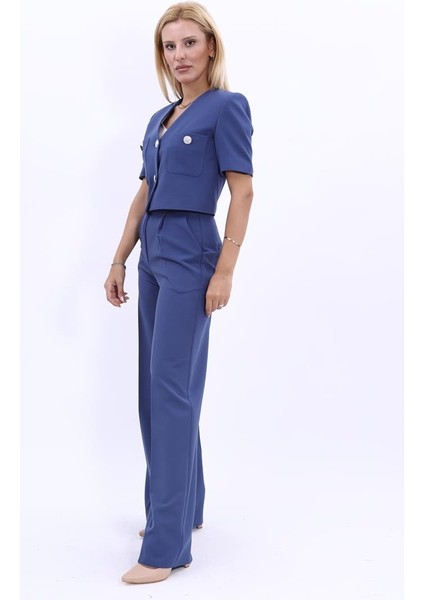 V Yaka Kısa Ceket & Korsaj Kemer Palazzo Pantolon-İndigo fiyatları