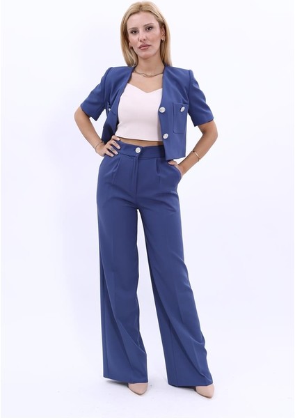 V Yaka Kısa Ceket & Korsaj Kemer Palazzo Pantolon-İndigo indirimleri