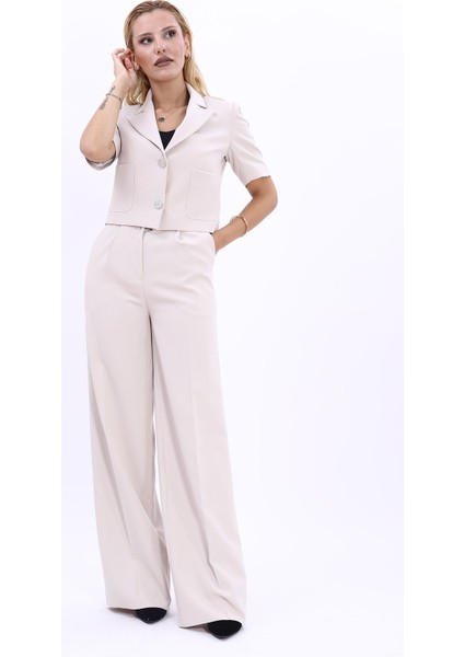 Kısa Kollu Yakalı Mini Ceket & Yüksek Bel Bol Paça Pantolon Takım-Bej