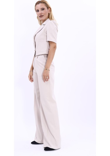 Kısa Kollu Yakalı Mini Ceket & Yüksek Bel Bol Paça Pantolon Takım-Bej fiyatları