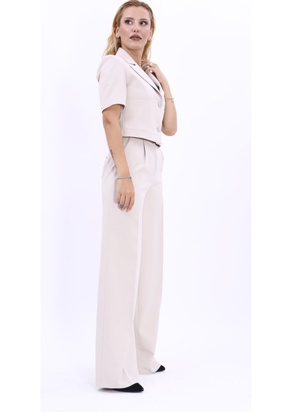 Kısa Kollu Yakalı Mini Ceket & Yüksek Bel Bol Paça Pantolon Takım-Bej modelleri