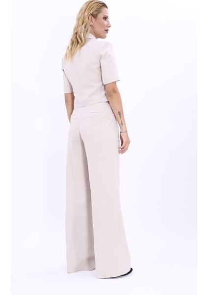 Kısa Kollu Yakalı Mini Ceket & Yüksek Bel Bol Paça Pantolon Takım-Bej fırsatları