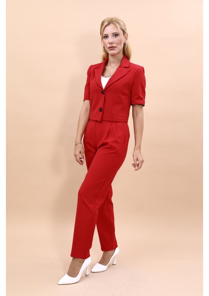 Kısa Kollu Yakalı Mini Ceket & Pileli Boru Paça Pantolon Takım-Kırmızı
