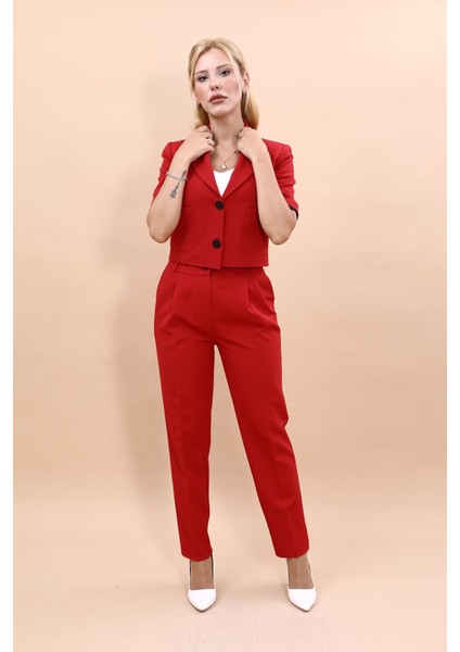 Kısa Kollu Yakalı Mini Ceket & Pileli Boru Paça Pantolon Takım-Kırmızı indirimleri