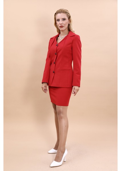 Erkek Yaka Yelek Ceket & Yırtmaçlı Düz Dar Etek-Kırmızı