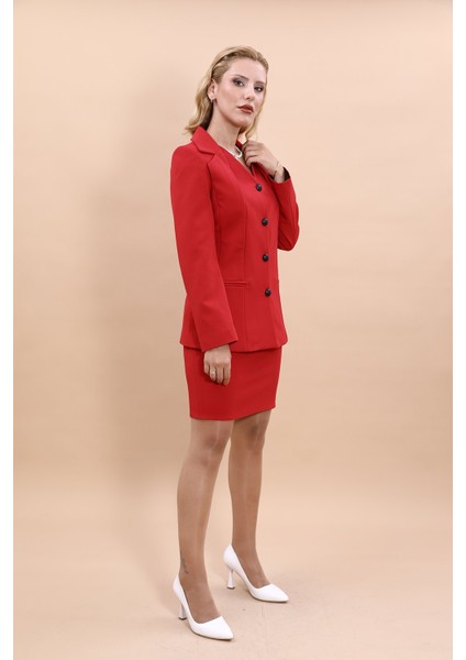 Erkek Yaka Yelek Ceket & Yırtmaçlı Düz Dar Etek-Kırmızı fiyatları